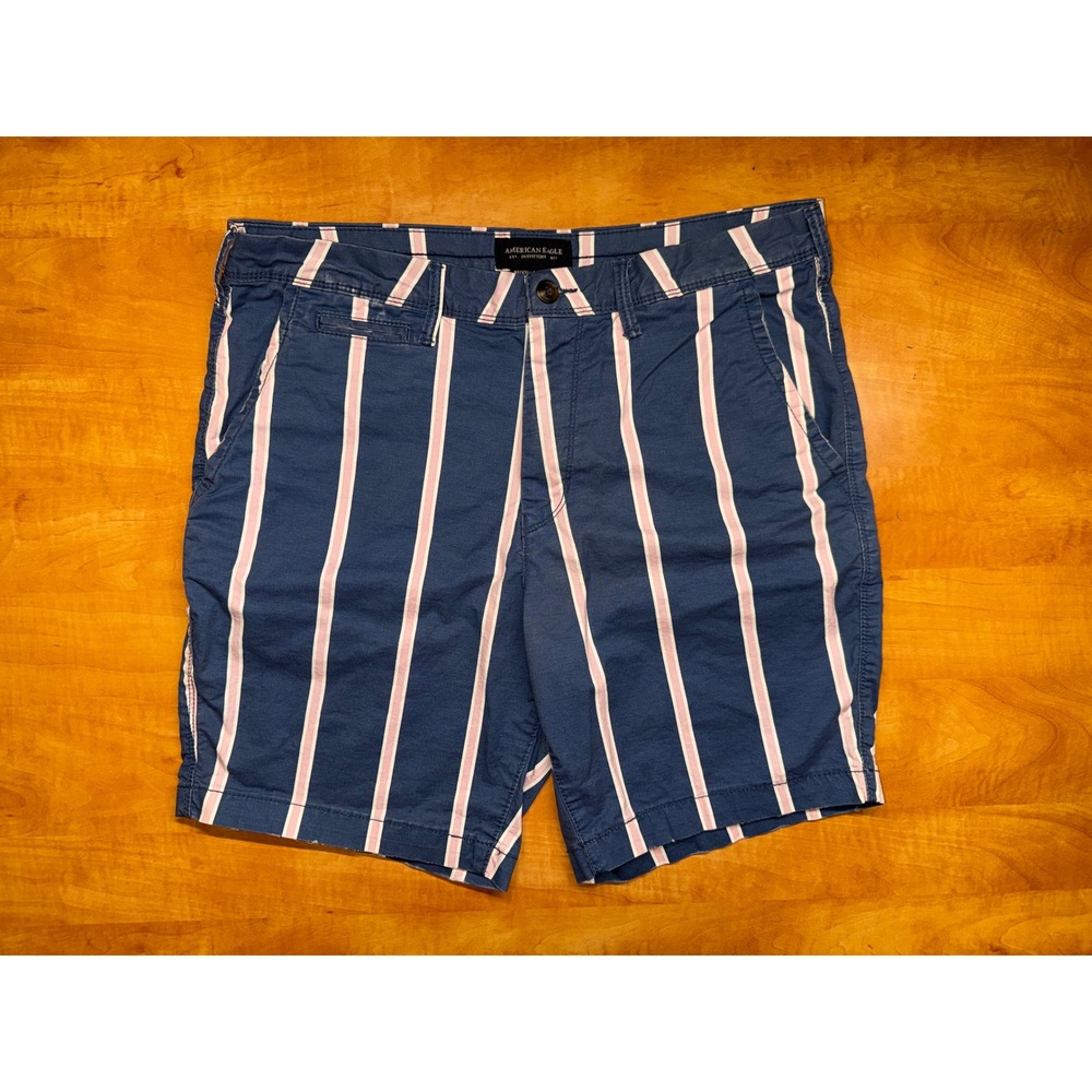 American Eagle Mens 34 Ne(x)t Level Flex Striped Chino Shorts Navy Pink White